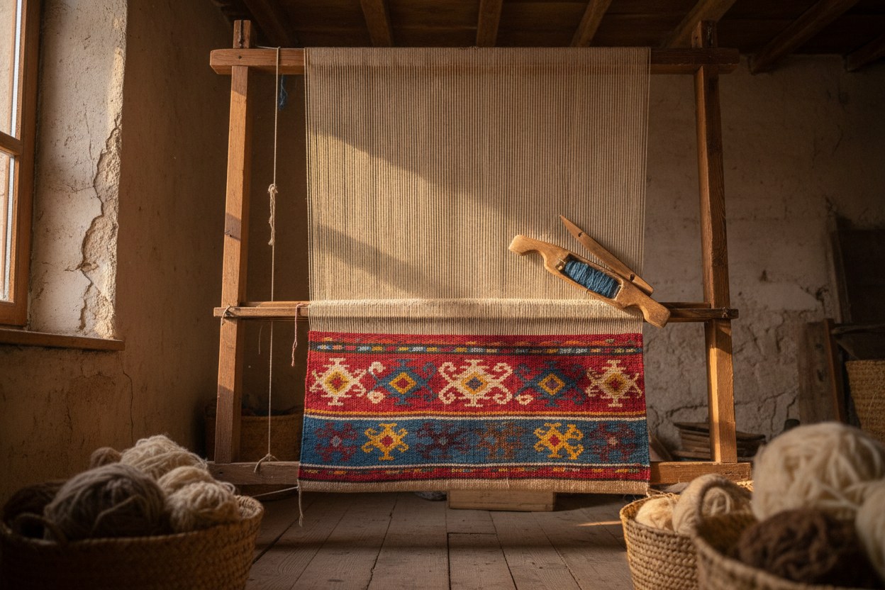 Avanos atölyesinde ıstar tezgâha gerilmiş çözgü ve yarısı dokunmuş kilim