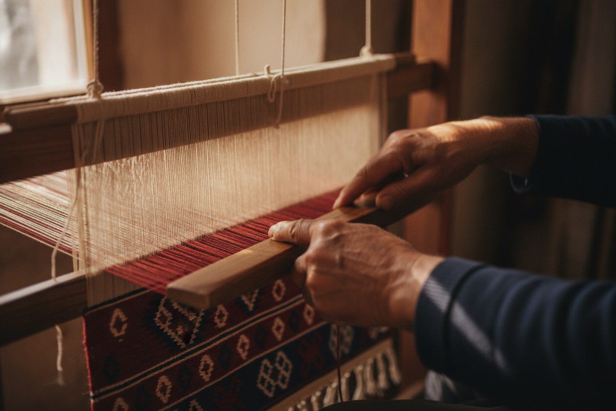 Dokumacının elleri tezgâhta kirkitle atkı sırasını yerine oturtuyor